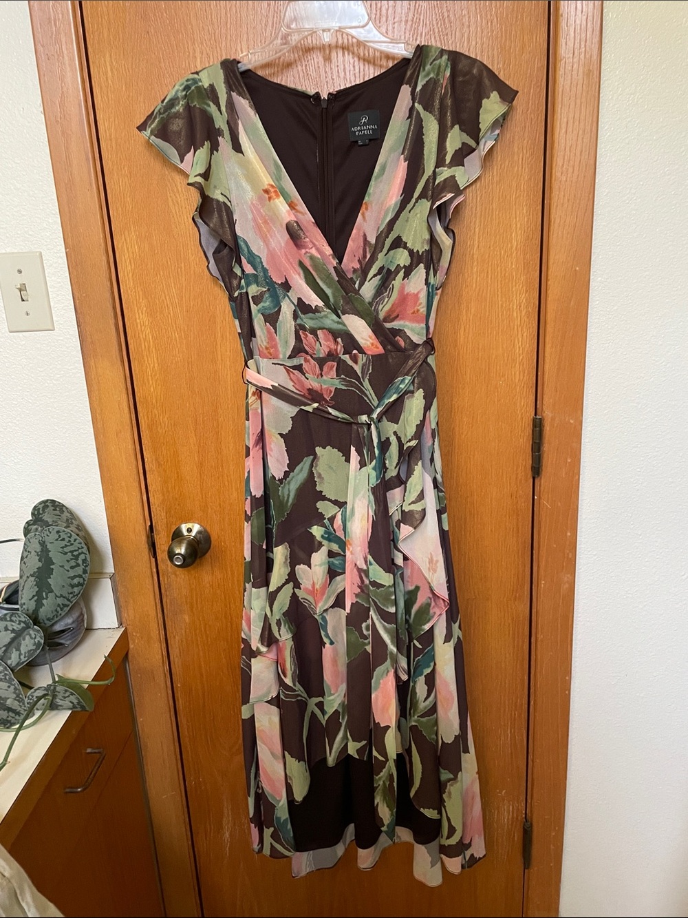 Adriana Pappell Flutter High-lo Floral Wrap Dress in Brown, Pink & Green, size 4